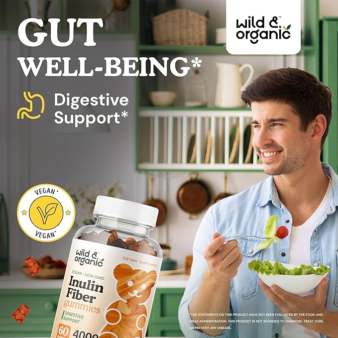 Wild & Organic Inulin Fiber Gummies 4000mg - Digestive Support w/Chicory Root - Soluble Fiber Supplement w/Inulin Powder - Prebiotics for Gut Support - 60 Prebiotic Gummies