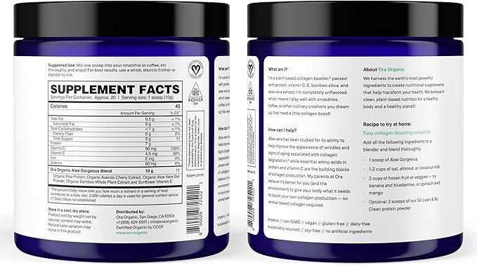Ora Organic Vegan Collagen-Boosting Powder for Women and Men - Hair, Skin, & Nails Support - Bamboo Silica, Plant-Based Protein, Organic Vitamin C, Aloe Vera - Vanilla Flavor, 20 Servings