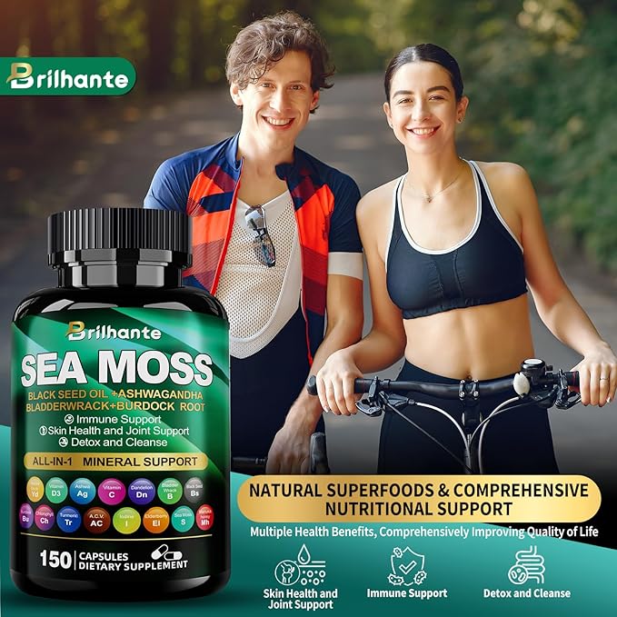 Irish sea moss capsules,organic sea moss supplement for energy and fatigue,seamoss black seed oil ashwagandha burdock root organic Mineral Complex for Gut health, skin, and joints - 150 Count