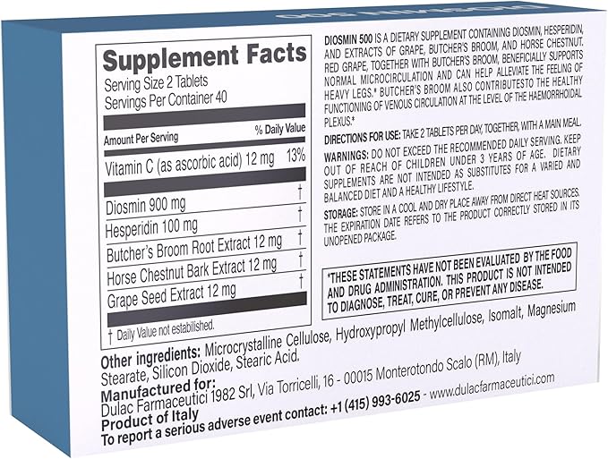Dulàc - Diosmin 500 Hemorrhoid and Leg Vein Supplement 80 Tablets, Diosmin, Horse Chestnut Extract, Butchers Broom, Hesperidin for Circulation, Made in Italy