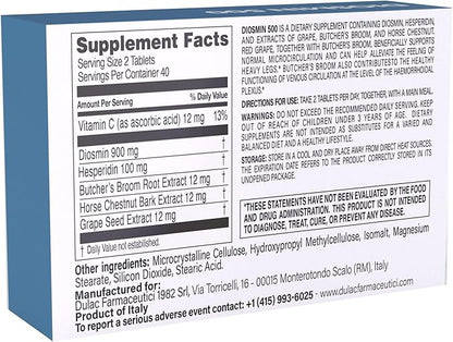 Dulàc - Diosmin 500 Hemorrhoid and Leg Vein Supplement 80 Tablets, Diosmin, Horse Chestnut Extract, Butchers Broom, Hesperidin for Circulation, Made in Italy