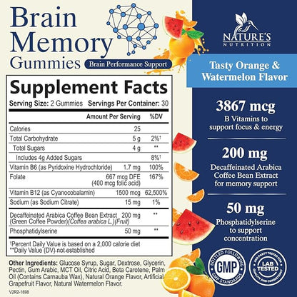 Brain Supplements for Memory, Focus, Concentration - Brain Gummy Vitamin Plus Nootropics, Phosphatidylserine, B6 & B12, Caffeine Free Nootropic, Clarity & Memory Support Supplement - 60 Gummies
