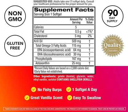 MegaRed Antarctic Krill Oil 500mg Omega 3 Fatty Acid Supplement, Extra Strength EPA & DHA Krill Oil Softgels (90cnt Box), Astaxanthin, Heart Health Supplement with No Fish Oil Aftertaste