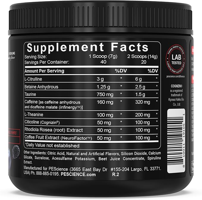 PEScience Prolific Energy Pre Workout – L Citrulline for Nitric Oxide, Rhodiola & CDP Choline Nootropic for Focus – Preworkout for Men & Women – 40 Scoops, Acai Berry Punch