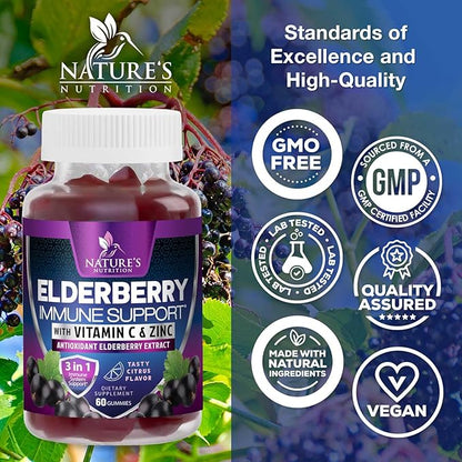 Immune Support Gummies - Sambucus Elderberry Gummy with Elder Berry Extract, Zinc & Vitamin C, Natural Vegan Immune Support Supplement for Adults & Children, Gummy Elderberry Vitamins - 60 Gummies