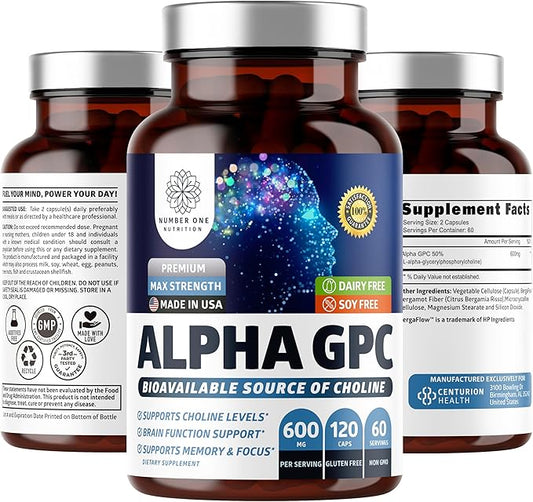 Number One Nutrition Premium Alpha GPC Choline Capsules 600mg, Natural Brain Supplement to Support Focus, Memory, Clarity and Energy, 120 Veg Caps
