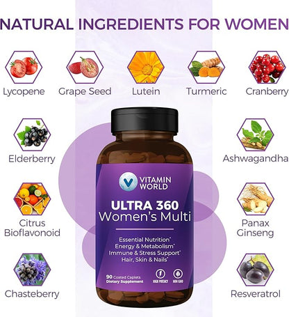 Vitamin World Ultra 360 Multivitamin for Women, Women's Multivitamin with Herbs & Collagen for Hair, Skin & Nails, Supplement with Iron, Vitamin A, B, C, D, E for Energy & Immune Support, 90 Caplets