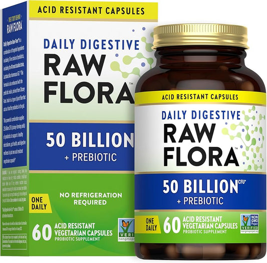 Raw Flora Probiotic with Prebiotics | 50 Billion CFU | Daily Digestive Capsules | Vegetarian & Gluten Free Supplement for Men and Women | by Nature's Truth