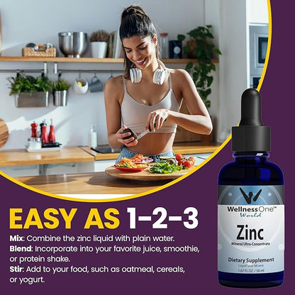 WellnessOne Ionic Liquid Zinc Drops for Immunity Support - Highly Absorbable Zinc Liquid Supplements for Kids & Adults - USA Tested, Vegan, Non-GMO, Gluten-Free, 1.67 fl oz