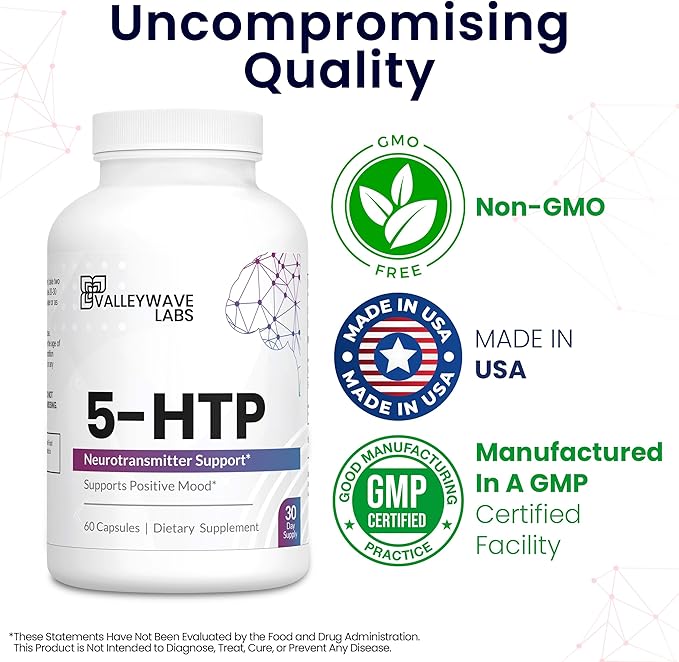 5-HTP - 200mg 5HTP Supplement (5-Hydroxytryptophan) to Support Mood Plus Sleep*, Stress Relief*, 60 Capsules - 30 Day Supply, Made in USA