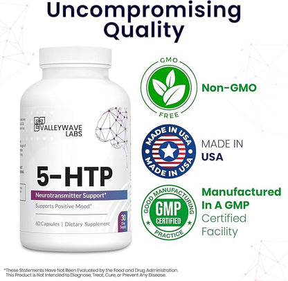 5-HTP - 200mg 5HTP Supplement (5-Hydroxytryptophan) to Support Mood Plus Sleep*, Stress Relief*, 60 Capsules - 30 Day Supply, Made in USA