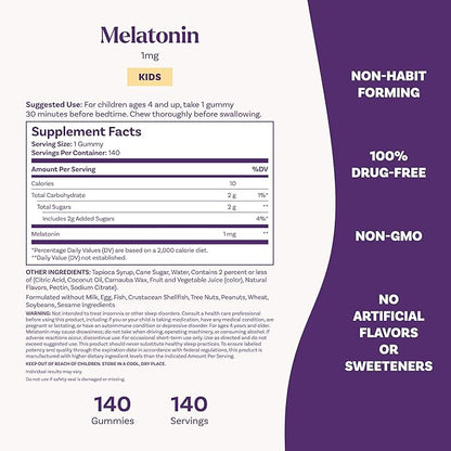 Natrol Kids Melatonin 1 mg, Dietary Supplement for Restful Sleep, Melatonin Gummies for Kids, 140 Raspberry-Flavored Gummies, Up to a 140 Day Supply