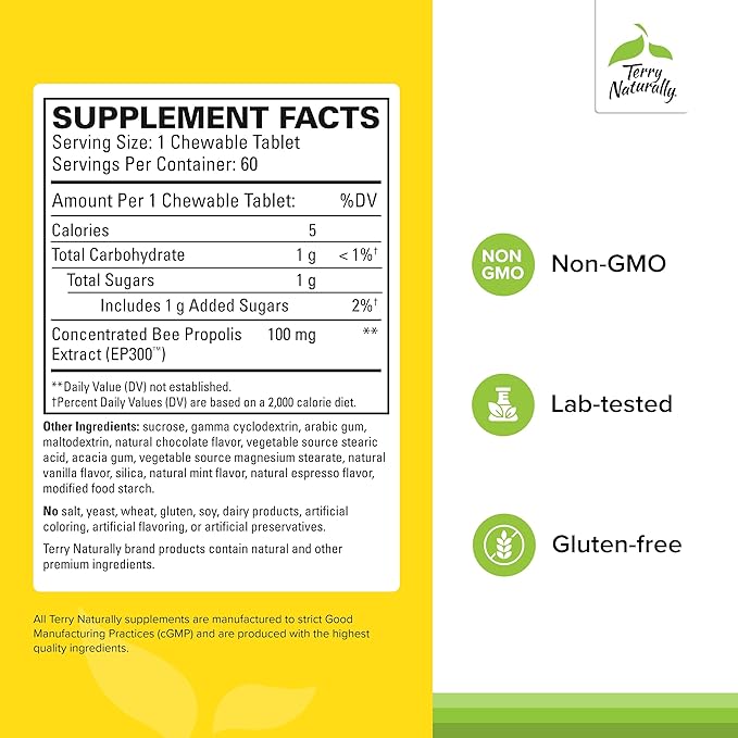 Terry Naturally Propolis Extract EP300 - Upper Respiratory & Immune System Support Supplement - Non-GMO Supplement with Bee Propolis Extract - Child & Adult Supplement - 60 Chewable Tablets