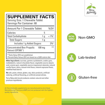 Terry Naturally Propolis Extract EP300 - Upper Respiratory & Immune System Support Supplement - Non-GMO Supplement with Bee Propolis Extract - Child & Adult Supplement - 60 Chewable Tablets