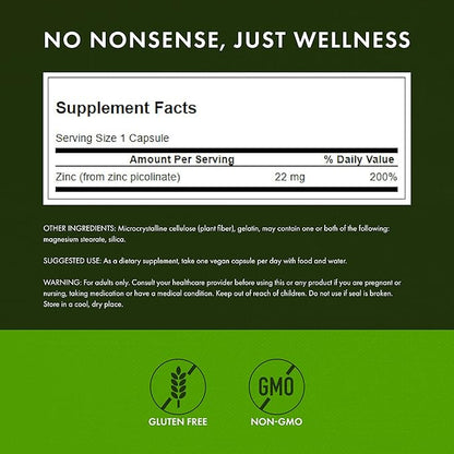 Swanson Zinc Picolinate - Mineral Supplement Promoting Prostate Health, Vision Health, & Immune Support - Body Preferred Form of Chelated Zinc - (60 Capsules, 22mg Each)