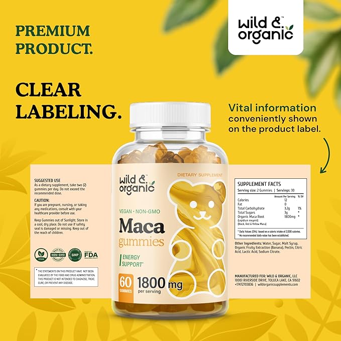 Wild & Organic Maca Root Gummies 1800mg - Yellow, Red, Black Maca Powder Chews for Overall and Mood Support - Peruvian Supplement for Men and Women - 60 Vegan, Non-GMO Gummies