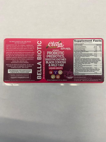 Liquid Probiotics for Women Drops with Chasteberry, Black Cohosh, Prebiotics, Digestive Enzymes, Evening Primrose Oil, Wild Yam, Cranberry Dmannose and Iron Vitamin D3 K2 Clean Nutra Bella Biotics (3)
