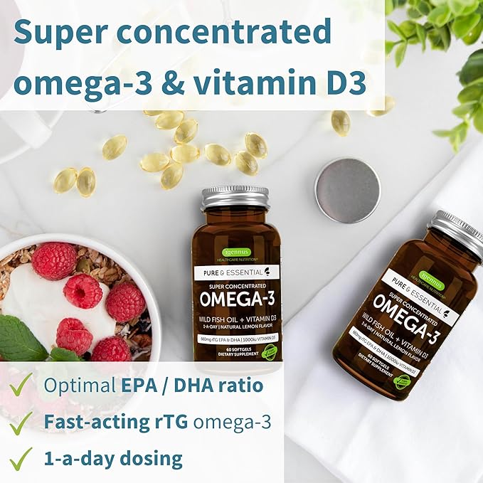 Omega-3 & Vitamin D3 1000iu + Focus Brain Booster Bundle, Fast-Acting 1-a-Day EPA & DHA rTG Wild Fish Oil + Caffeine, L-Theanine, Taurine & L-Tyrosine, B-Vitamins, Zinc & Copper, by Igennus