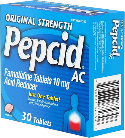Pepcid AC Original Strength Heartburn Relief Tablets, OTC Medicine Prevents & Relieves Heartburn Due to Acid Indigestion & Sour Stomach, 10mg Famotidine Acid Reducer, Fast-Acting, 30 ct