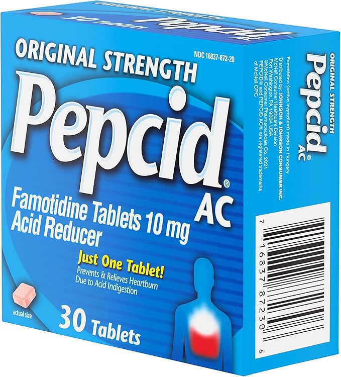 Pepcid AC Original Strength Heartburn Relief Tablets, OTC Medicine Prevents & Relieves Heartburn Due to Acid Indigestion & Sour Stomach, 10mg Famotidine Acid Reducer, Fast-Acting, 30 ct