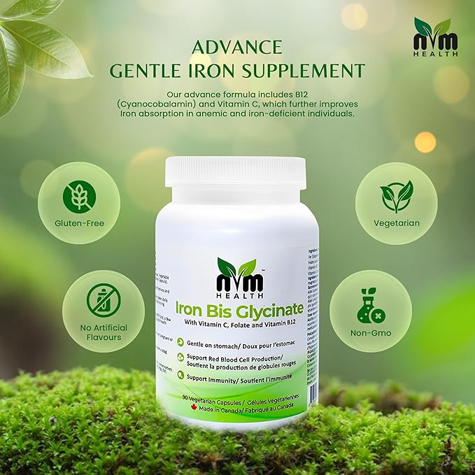 Gentle Iron Supplement for Adults I Iron bisglycinate with Vitamin C, B12, Folic Acid I Supports Red Blood Cell Formation & boosts Immunity - 90 Vegeterian Capsules, Gluten Free