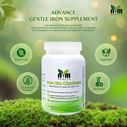 Gentle Iron Supplement for Adults I Iron bisglycinate with Vitamin C, B12, Folic Acid I Supports Red Blood Cell Formation & boosts Immunity - 90 Vegeterian Capsules, Gluten Free