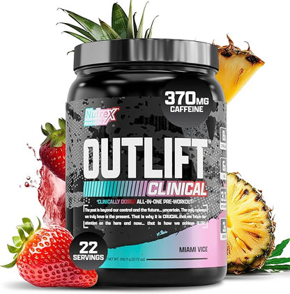 Nutrex Research Outlift Clinical | Clinically Dosed Pre Workout Powder with Creatine, 8G Citrulline, EAA | Energy, Performance, Pump Preworkout | Pineapple and Coconut | (22 Servings, Miami Vice)