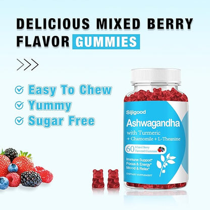 2 Pack Ashwagandha Gummies with L-theanine, Ashwa Root Supplement Gummy for Women Men, 120 Mixed Berry Flavored Gummies