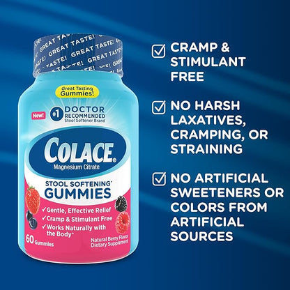 Colace Stool Softener Gummies, Gentle Dependable Constipation Relief Magnesium Citrate Gummies, No.1 Doctor Recommended Stool Softener Brand, Berry Flavored 60ct