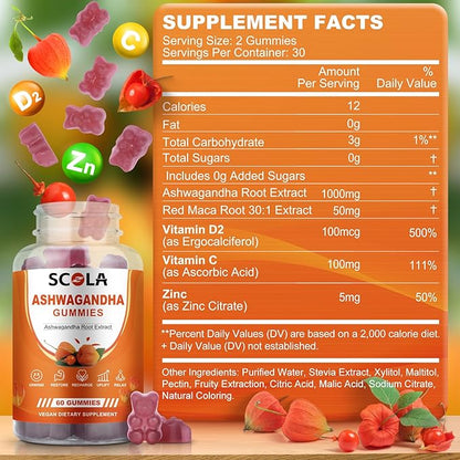 Ashwagandha Gummies for Women & Men, Natural Calm Gummies with Ashwagandha Root Extract Vitamin D Zinc, Ashwagandha Supplement, 60 Gummies