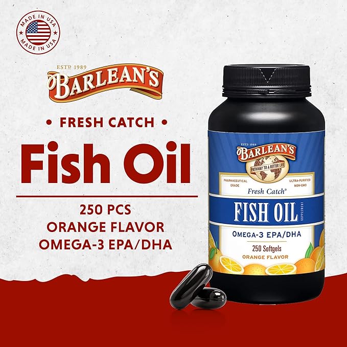 Barlean's Omega 3 Fish Oil Supplements, 600mg Fish Oil Pills with EPA & DHA, Softgels for Joint, Brain, & Heart Health, Orange Flavored, 250 Count