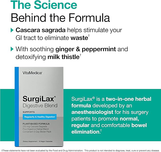 VitaMedica SurgiLax Digestive Blend - All-Natural 5 Day Colon Cleanse - Detox with Cascara Sagrada, Ginger & Milk Thistle for Constipation Relief, Gas & Bloating - 10 Vegan Capsules