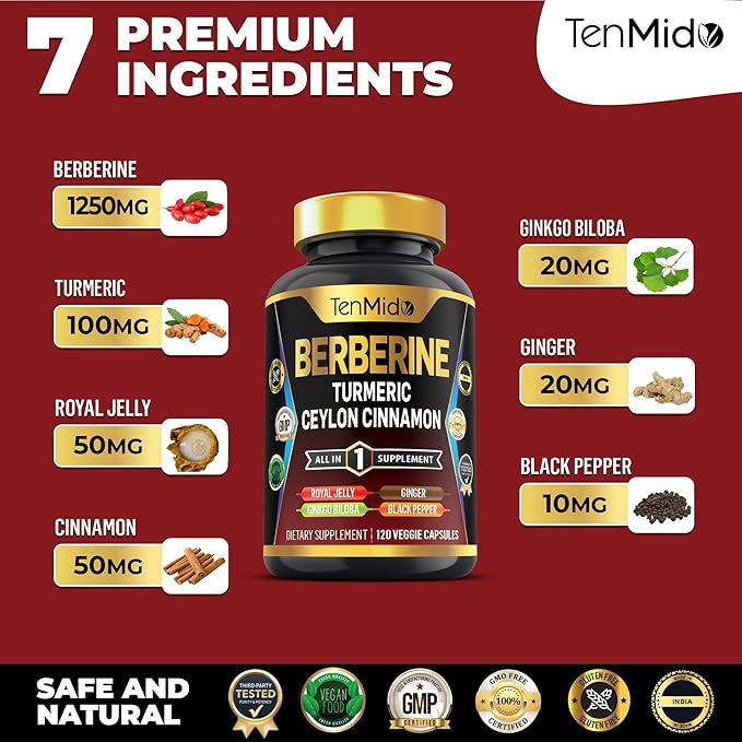Berberine Supplement - 7in1 Formula - Combine with Turmeric, Royal Jelly, Ceylon Cinnamon, Ginkgo Biloba, Ginger & Black Pepper - Digestive Health, Immune Support - 120 Capsules