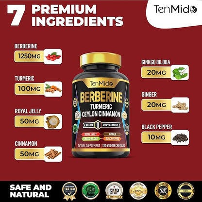Berberine Supplement - 7in1 Formula - Combine with Turmeric, Royal Jelly, Ceylon Cinnamon, Ginkgo Biloba, Ginger & Black Pepper - Digestive Health, Immune Support - 120 Capsules