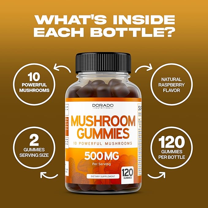Mushroom Gummies 2500mg 10 in 1 Blend (120 Gummies with Lions Mane, Cordyceps, Reishi & More Functional Mushrooms) Focus & Brain Mushroom Supplement - Vegan & Third Party Tested - USA Made
