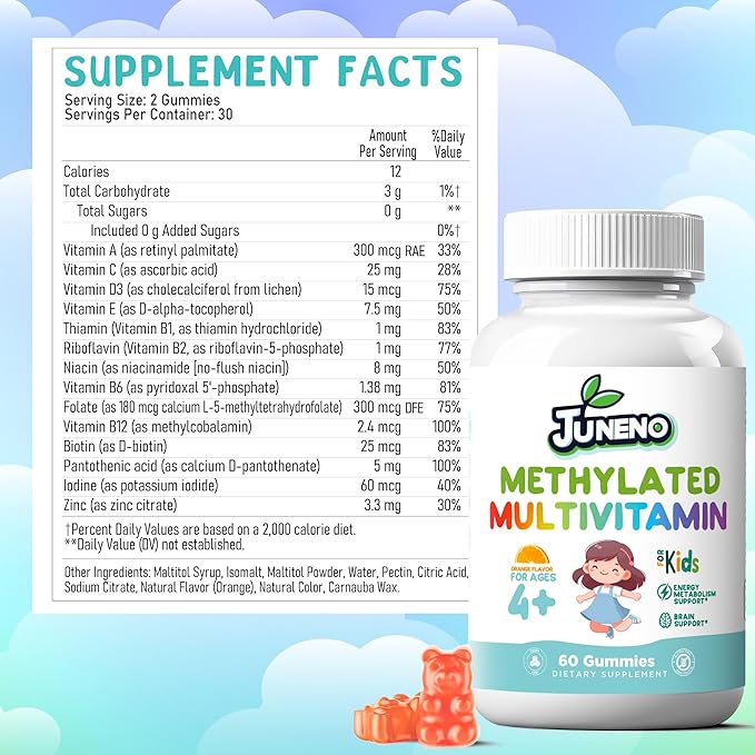 Methylated Multivitamin Gummies for Kids - MTHFR Support Supplement with B Complex 5-MTHF Folate (L-Methylfolate) B1 B3 B6 Methylcobalamin B12 Biotin Vitamins A C D3 E - Vegan Gluten Sugar Free