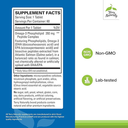 Terry Naturally Vectomega - Supplement with EPA & DHA - Omega-3 Tablets for Brain & Heart Health Support - Nutritional Supplement with Essential Fatty Acids & Peptides - 60 Tablets