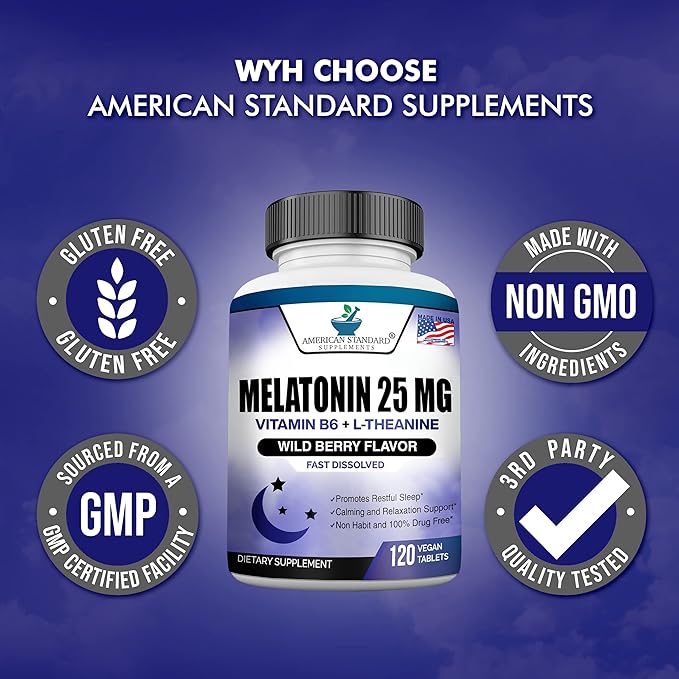 Melatonin 25mg Per One Tablet, 120 Chewable Tablet with L-Theanine & Vitamin B-6, Supports Healthy Sleep Cycle , Promotes Calming & Restful Sleep, Vegan, NON GMO, Made In USA