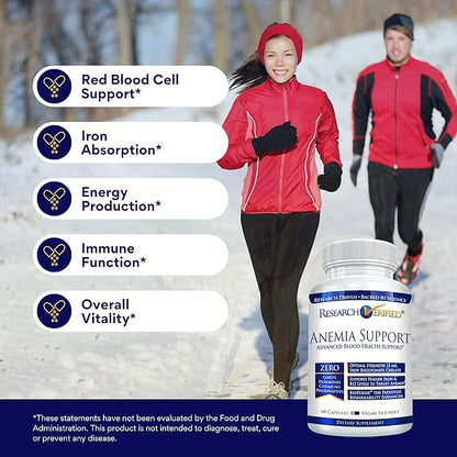 Research Verified Anemia Support - Replenish Iron, Regulate Hemoglobin, Improve Energy - Iron, Vitamin C, Vitamin A, B12, Folate, BioPerine - 180 Capsules - Vegan
