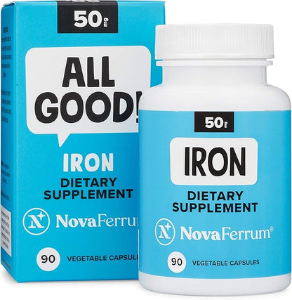 NovaFerrum All Good | Iron Capsule Supplements for Adults | Anemia | 50mg of Iron | 90 Servings | Sugar Free | Vegan | Gluten Free