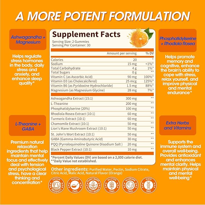 Cortisol Supplements for Women & Men, 15-in-1 Calm Cortisol Gummies with Ashwagandha, Magnesium, L-theanine, GABA, Phosphatidylserine, Vitamin C, D3, B6 for Mood, Sleep, Focus Support - Vegan, 2 Pack