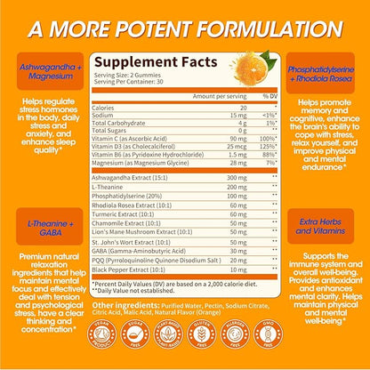 Cortisol Supplements for Women & Men, 15-in-1 Calm Cortisol Gummies with Ashwagandha, Magnesium, L-theanine, GABA, Phosphatidylserine, Vitamin C, D3, B6 for Mood, Sleep, Focus Support - Vegan, 1 Pack