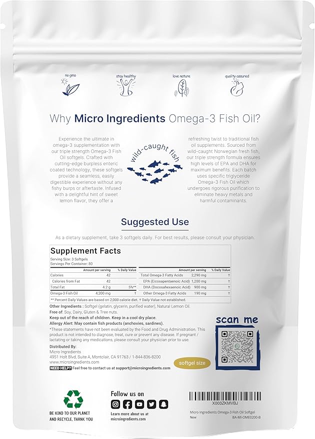 Triple Strength Omega 3 Fish Oil Supplements 4200mg Per Serving, 240 Softgels – Lemon Flavored – Burpless (Enteric-Coated) | EPA 1200mg + DHA 900mg | Deep Sea Fish, Wild Caught from Norwegian Waters