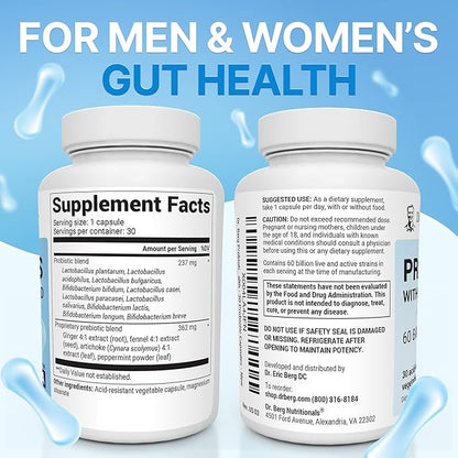 Dr. Berg Probiotic Supplement (60 Billion CFUs) - Helps Ease Occasional Constipation, Diarrhea, Gas & Bloating* - Pre and Probiotics for Digestive Health - 30 Probiotic Capsules