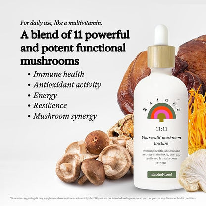 11:11 Multi Mushroom Tincture, Alcohol Free Dual Extract Mushroom Supplement for Comprehensive Immune Support, Brain Support, Liquid Lion's Mane & Turkey Tail, Vegan, Non GMO, 3.4 fl oz