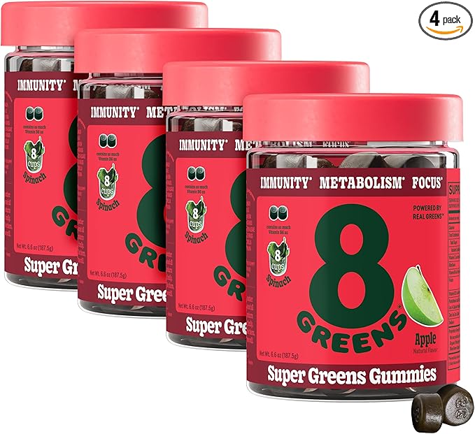 8Greens Supergreens Gummies | Super Greens Powder Superfood Gummy for Metabolism, Immunity & Focus, Digestive Health Enzymes, Organic: Chlorella, Spirulina, Aloe Vera, Apple Flavor, 200 Count