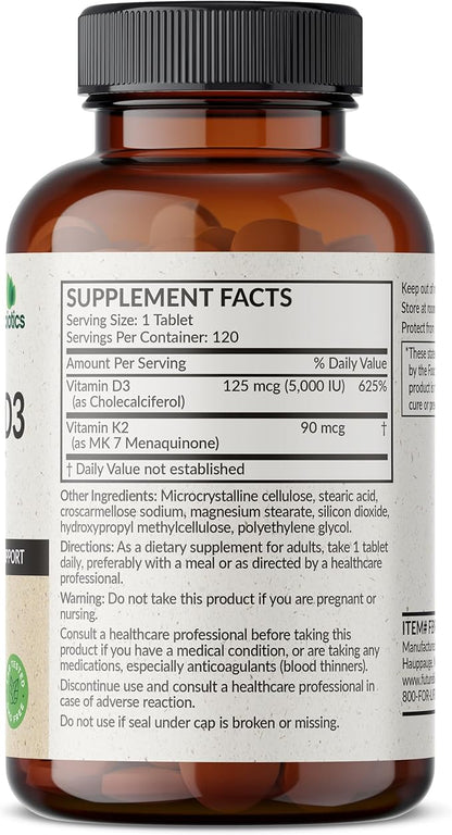 Futurebiotics Vitamin K2 with D3, 2 in 1 Support, 5000 IU Vitamin D3 & 90 mcg Vitamin K2 MK-7 Non-GMO, 120 Tablets