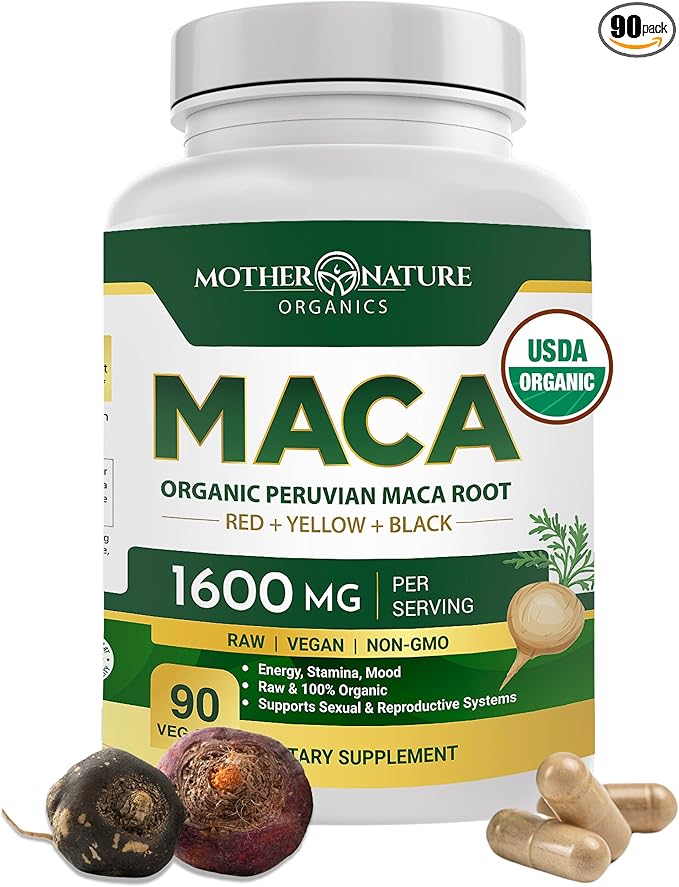 Mother Nature USDA Organic Maca Root Black + Red + Yellow Capsules Peruvian Maca for Men & Women 1600mg, Vegan Pills, Supports Mood, Hormonal Balance Reproduction & Energy (90ct)