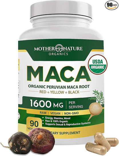 Mother Nature USDA Organic Maca Root Black + Red + Yellow Capsules Peruvian Maca for Men & Women 1600mg, Vegan Pills, Supports Mood, Hormonal Balance Reproduction & Energy (90ct)