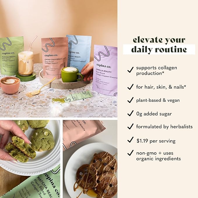 Vegan Collagen Booster Mix: Plant Based Collagen Support Smoothie Drink Vegan Blend Variety Pack | 4 Flavors Matcha, Vanilla, Original and Cacao Calm | 25 Servings per 4.4oz Bag